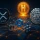 リップル（XRP）、SWIFT、Chainlink、そして新たな代替案Bitcoin Hyperを描いた未来的な国際決済ネットワークのイラスト