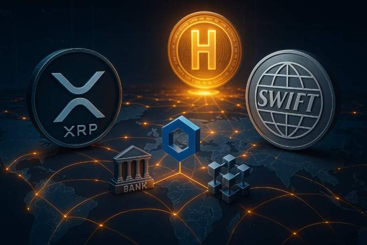 リップル（XRP）、SWIFT、Chainlink、そして新たな代替案Bitcoin Hyperを描いた未来的な国際決済ネットワークのイラスト