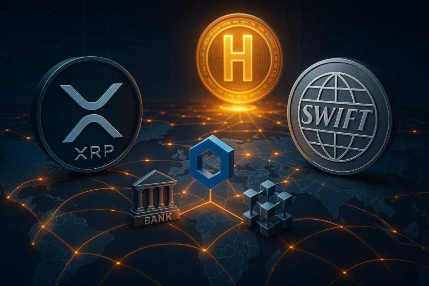 リップル（XRP）、SWIFT、Chainlink、そして新たな代替案Bitcoin Hyperを描いた未来的な国際決済ネットワークのイラスト