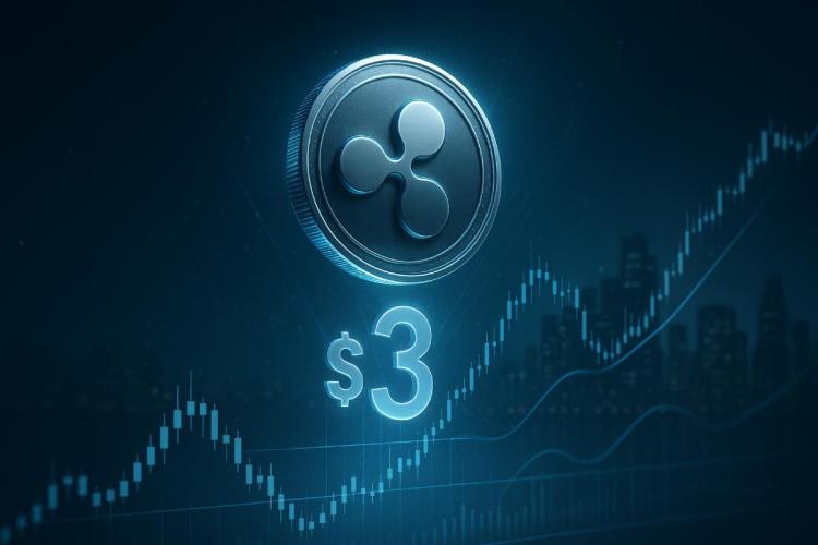 リップル今後の価格予測を象徴する未来的なXRPコインと金融チャートのイラスト