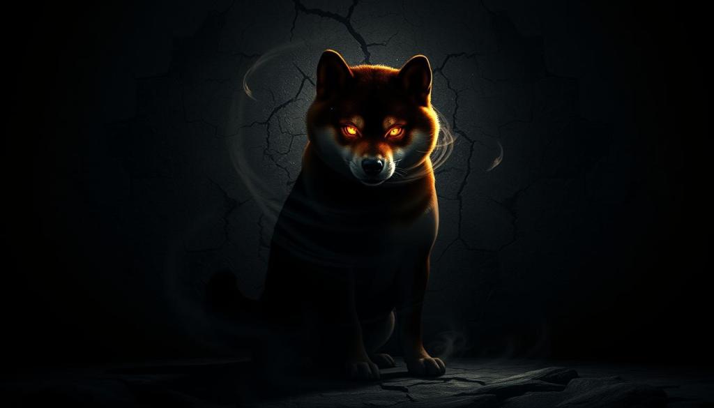 Площад с пазари и големи скулптури на Shiba Inu сред минувачи.