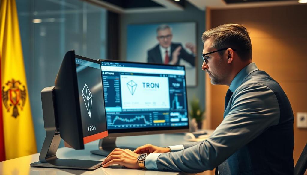 Bărbat analizând grafice și date pe calculator în timp ce învață cum cumpar TRON (TRX) în România.