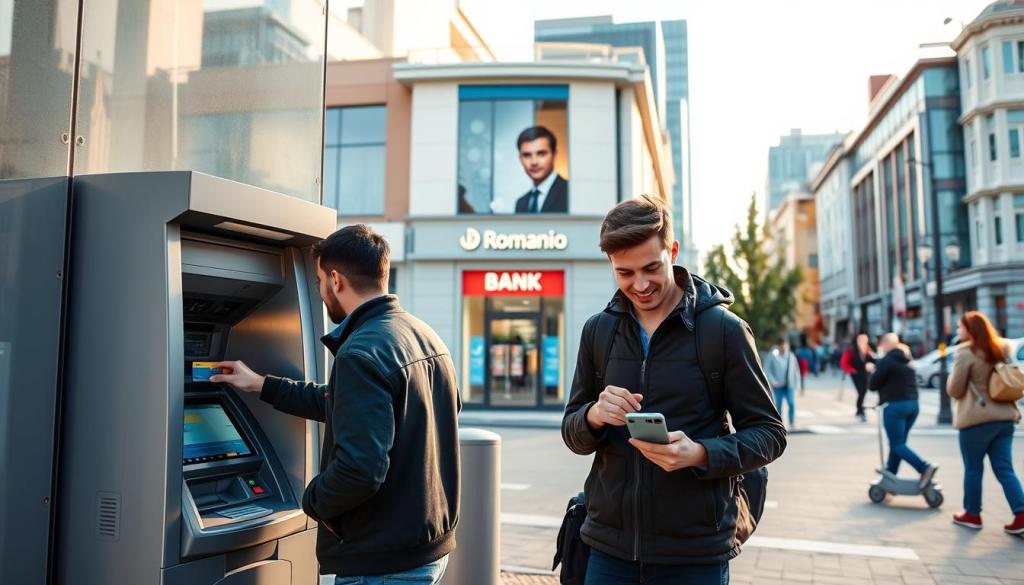 Două persoane folosind un bancomat în fața unei bănci din România.