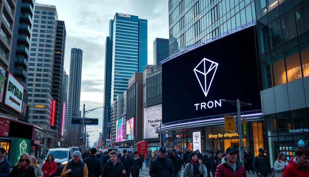 Panou publicitar uriaș cu logo TRON într-un district urban aglomerat.