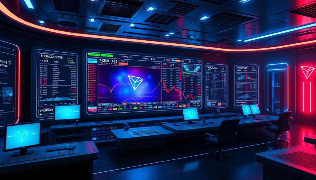 Cameră de control high-tech cu multiple ecrane afișând date de tranzacționare TRON.
