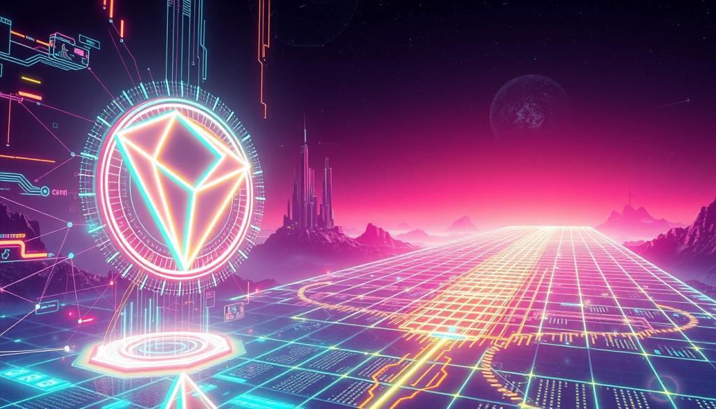 Grafic neon TRON pe fundal sci-fi, simbolizând inovația din procesul cum cumpar TRON (TRX).