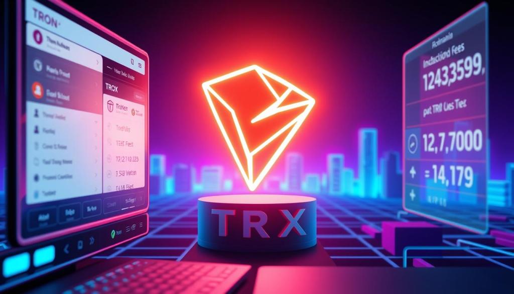 Logo TRX strălucitor între interfețe de tranzacționare, arătând pașii cum cumpar TRON (TRX) rapid și simplu.