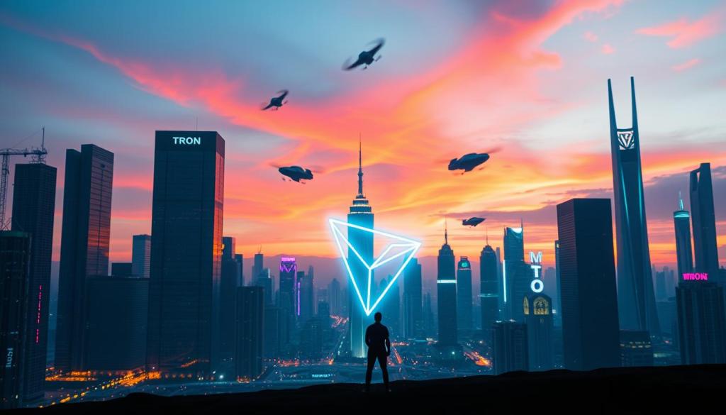 Siluetă privind orașul iluminat cu logo TRON, inspirând ideea cum cumpar TRON (TRX) pentru viitorul digital.