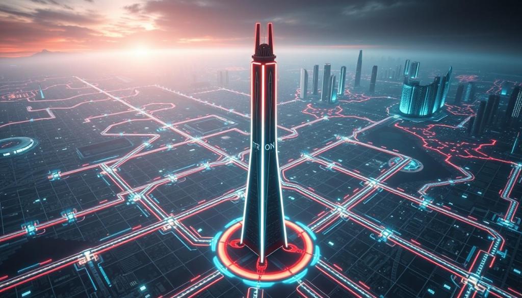 Reprezentare futuristă a rețelei blockchain TRON, simbolizând procesul cum cumpar TRON (TRX) în mediul digital.