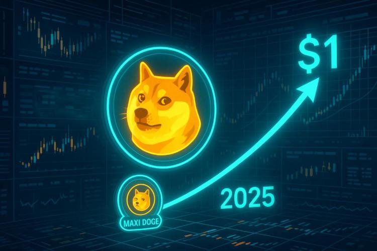 ドージコイン 今後の価格予測で2025年に1ドル到達を目指すイメージ。横に注目されるMaxi Dogeも描写。