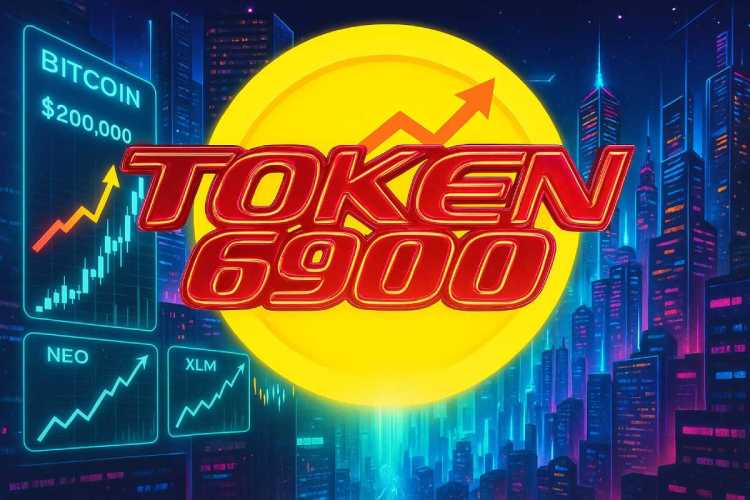 ビットコインが20万ドル到達予測、新しい仮想通貨が台頭する未来的なデジタル市場のイメージ