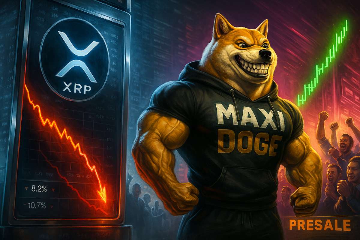 リップル 今後の価格下落とMaxi Dogeの急上昇を対比した未来的アート