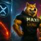 リップル 今後の価格下落とMaxi Dogeの急上昇を対比した未来的アート