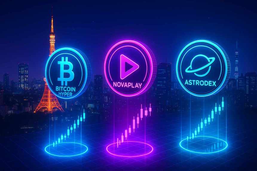 日本で注目される仮想通貨おすすめ3選（Bitcoin Hyper, NovaPlay, AstroDex）の未来的なデジタルイメージ