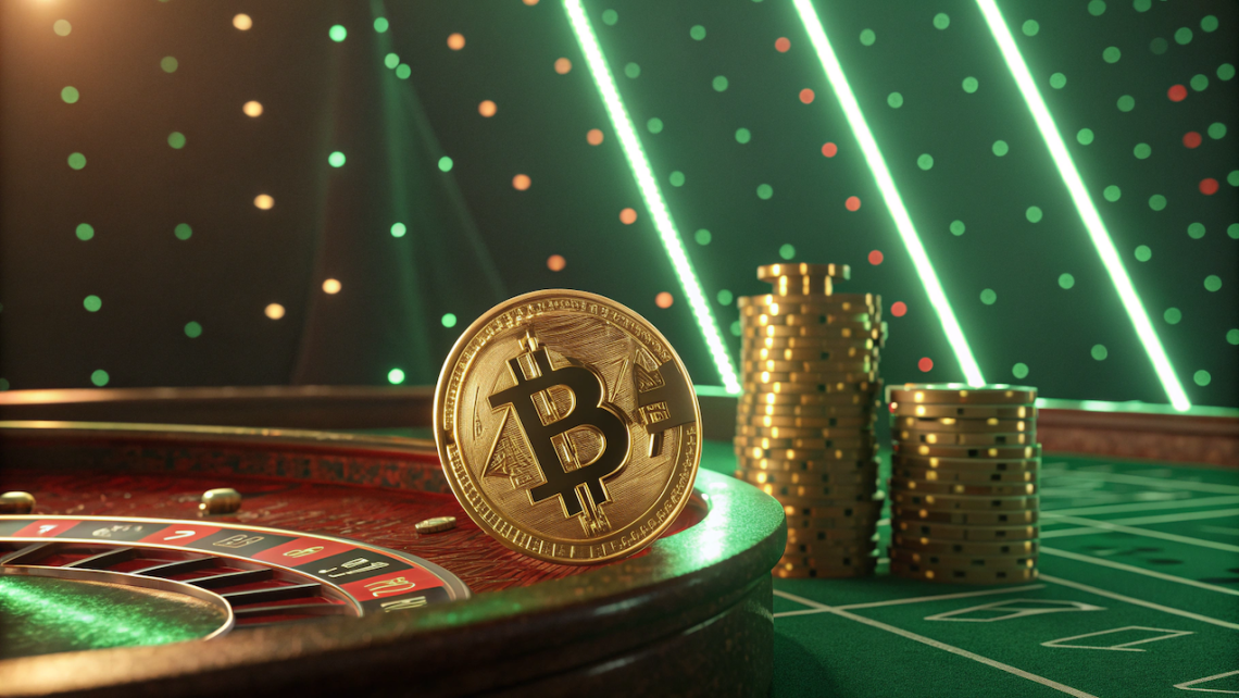 Um token Bitcoin e duas pilhas de tokens junto a uma roleta de casino.
