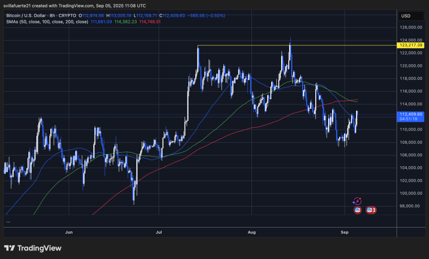BTC struggles to push above $113K level | Source: BTCUSDT chart on TradingView