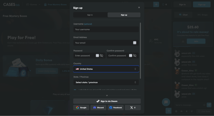 Cases.gg account sign up.