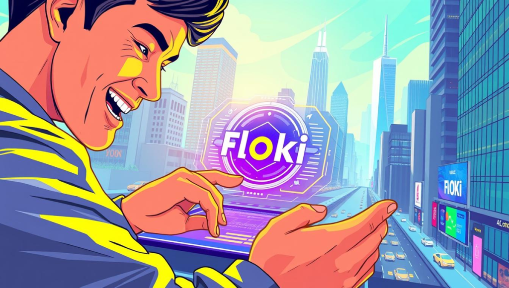 Иллюстрация инвестора в городе, голограмма Floki на экране — как купить Floki безопасно
