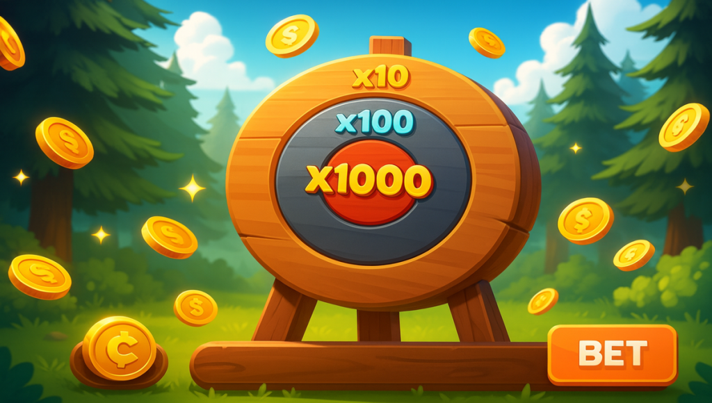Image of a digital archery game with coins, multipliers, and jackpot targets 