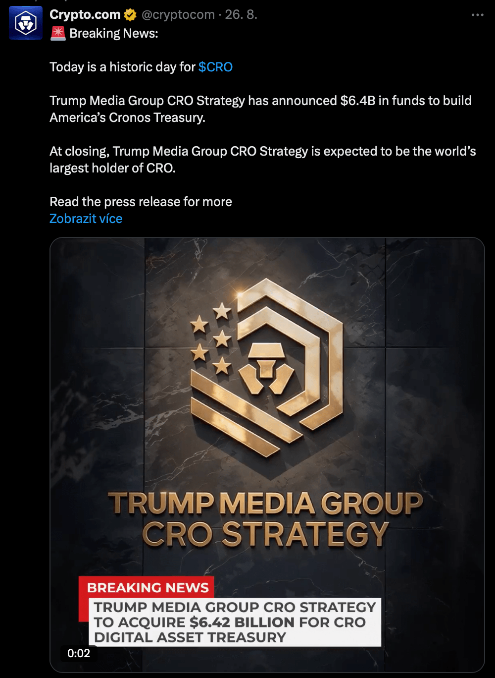 Investice Donalda Trumpa do kryptoměny cronos