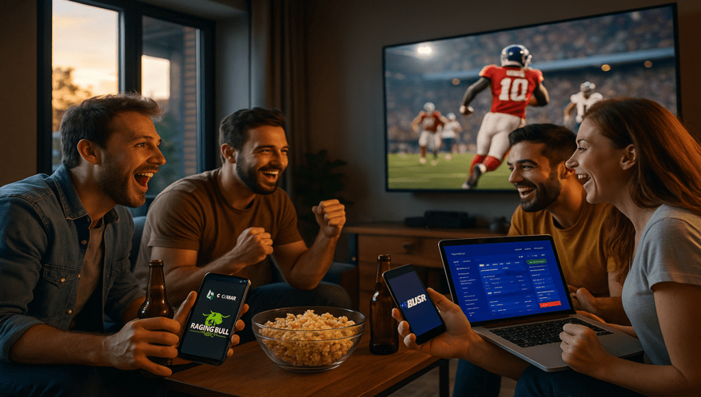 [image of friends watching a game while using different DraftKings alternative sites] 