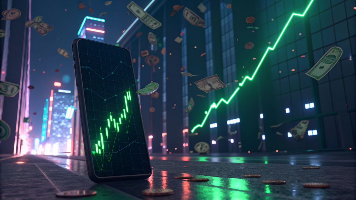 Wallstreet showing a phonescreen with stock gains.