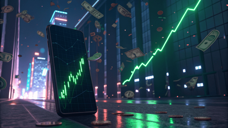 Wallstreet showing a phonescreen with stock gains.