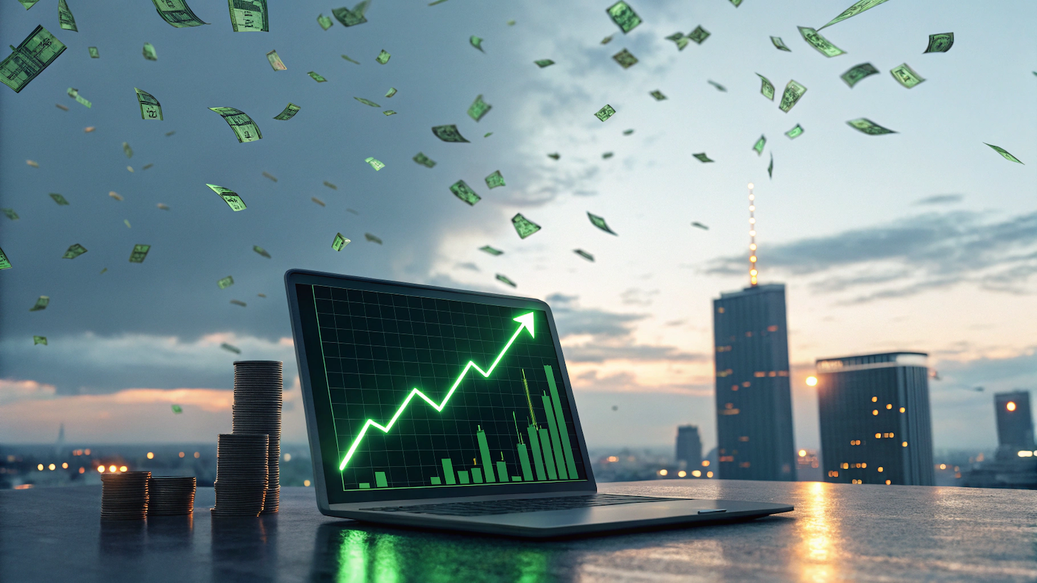 Laptop showing stock gains.