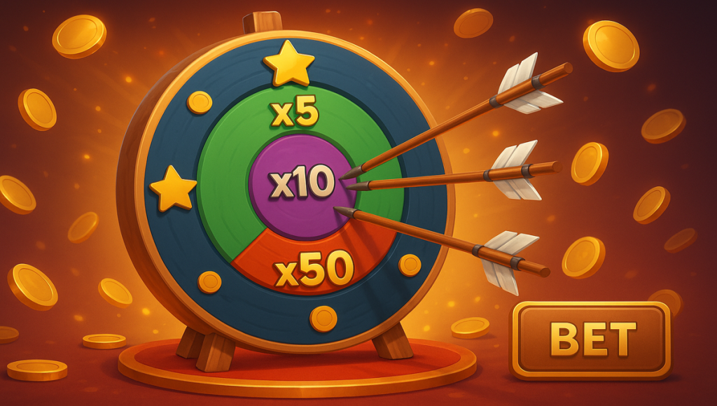 Image of a casino-style skill game where arrows are shot at prize zones 