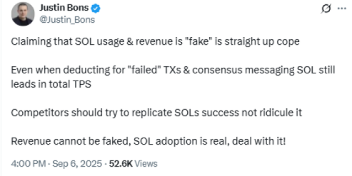  Justin Bons stuck up for Solana on X. 