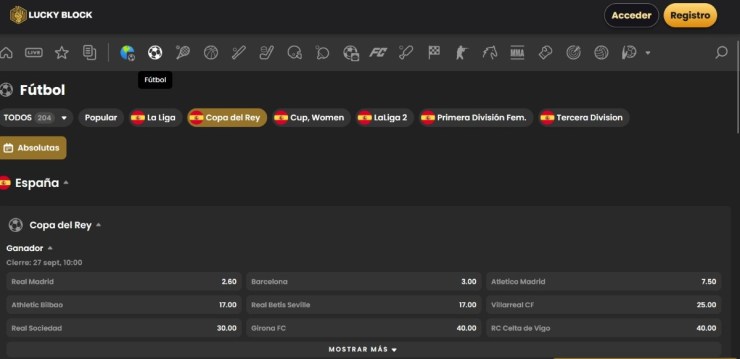 En Lucky Block encontrarás cuotas para el ganador de la Copa del Rey