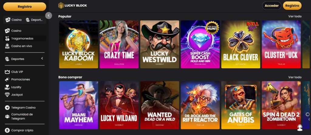 En Lucky Block puedes jugar a miles de slots con BTC