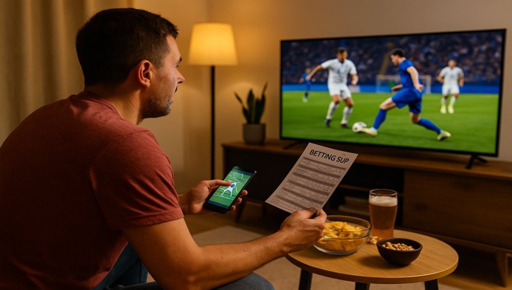 image of a man watching a World Cup match on TV with a betting slip in hand