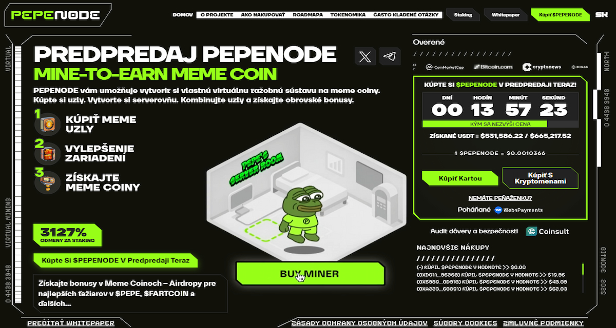 Pepenode Gamifikovaná „mine-to-earn“ mechanika s defláciou