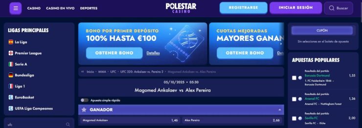 Polestarcasino pone cientos de mercados a tu disposición para apostar en la UFC online