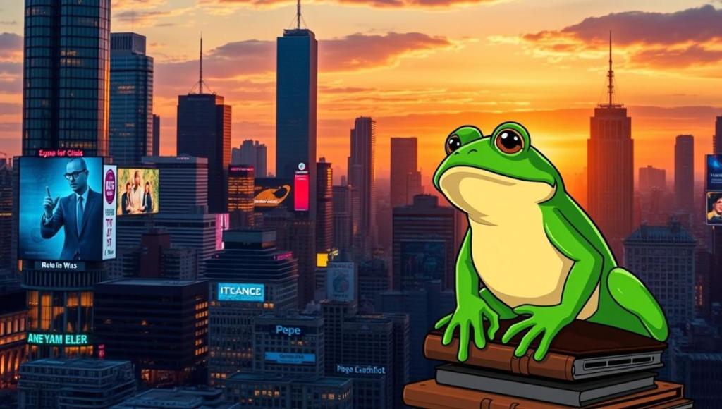 Иллюстрация лягушки Pepe на фоне современного города — символ цифровой культуры и инструкции, как купить Pepe.