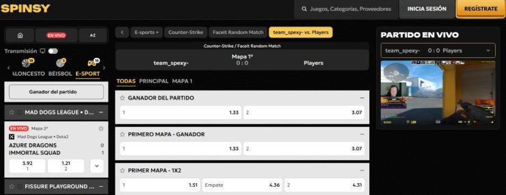 Spinsy es una de las casas de apuestas extranjeras con streaming en vivo