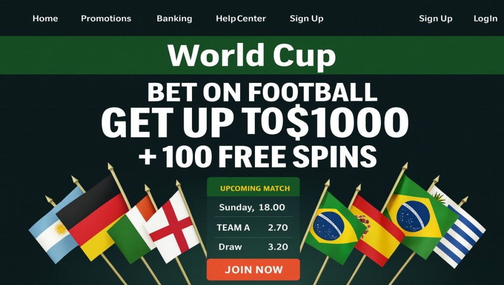 image of a sportsbook homepage featuring World Cup promotions and national team flags