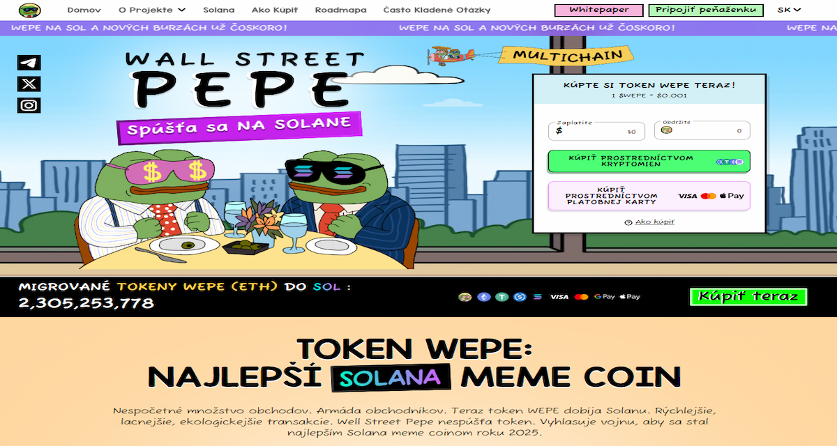 WEPE (Wall Street Pepe) na Solane Multichain expanzia s mostom „buyback-&-burn“ a 1:1 pegom