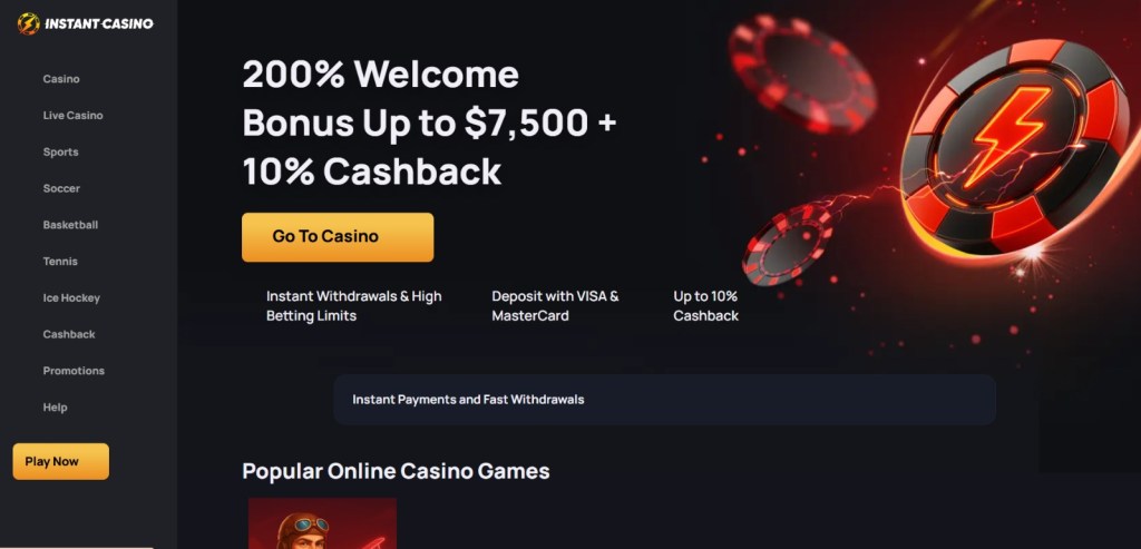 الواجهة الرئيسية لموقع instantcasino الرسمي