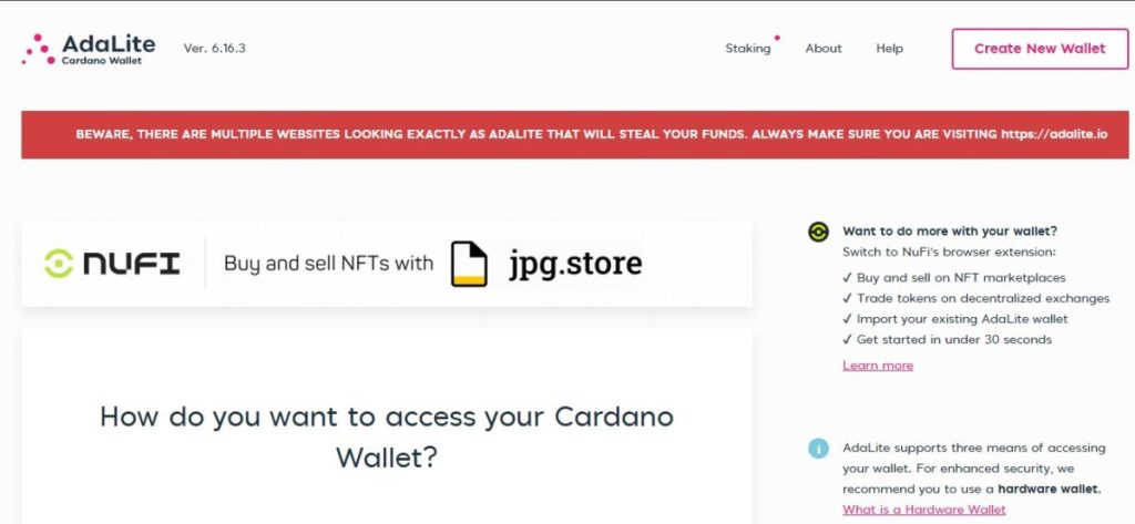 5. AdaLite – jednoduchá a bezpečná webová Cardano peňaženka bez inštalácie