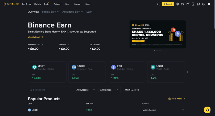Binance Earn popular products and current yield