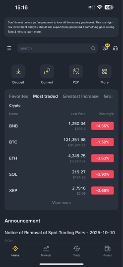 Binance mobile app on pro mode, showcasing the most traded crypto
