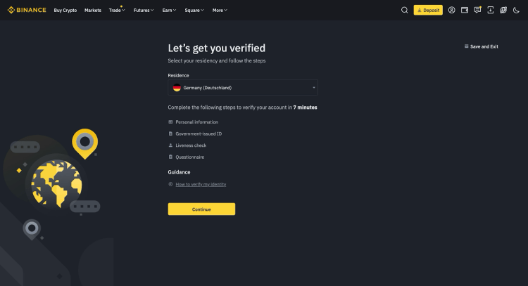 Binance verification portal, where you need to enter personal information, government-issued ID, and do a liveness check