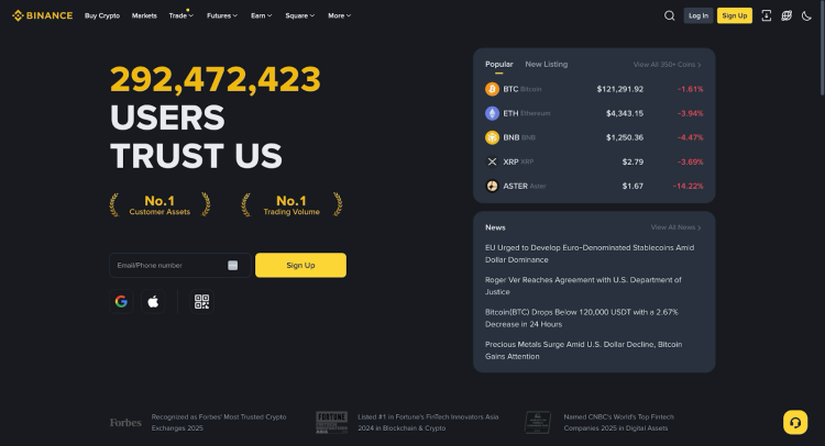 Binance website landing page