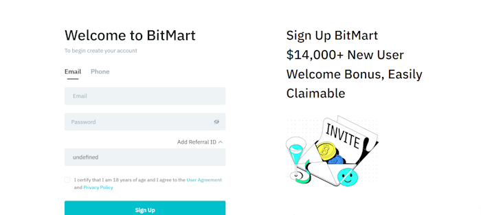 BitMart sign-up page with bonus offer