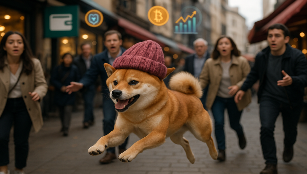 Куче с шапка бяга по улицата сред хора и крипто икони – как да купя dogwifhat (WIF) безопасно и лесно.