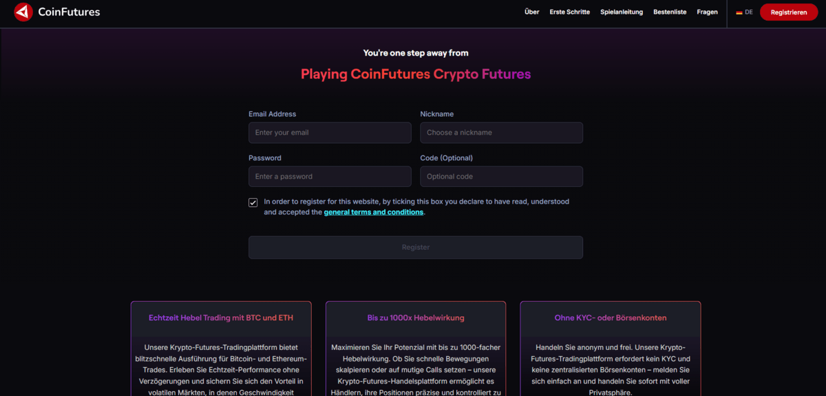 Coinfutures anmelden