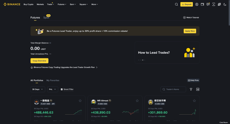 Copy trading dashboard on Binance with leaderboard