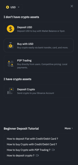 Deposit options on Binance